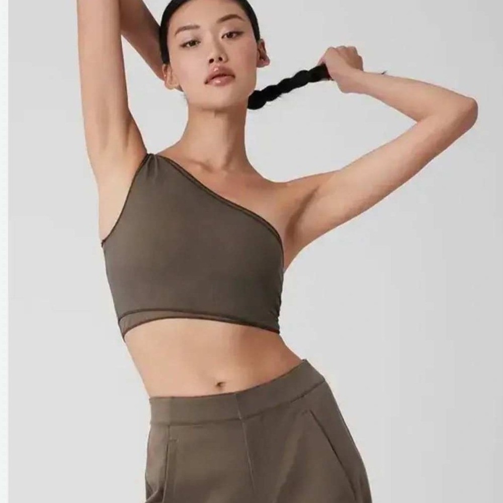ALO Yoga Mesh One Shoulder Sheer Illusion Crop Tank Top Extra Small Olive Brown